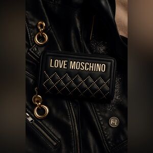 Love Moschino Black Quilted Zip-Around Wallet w/ Gold Studs • NWT
